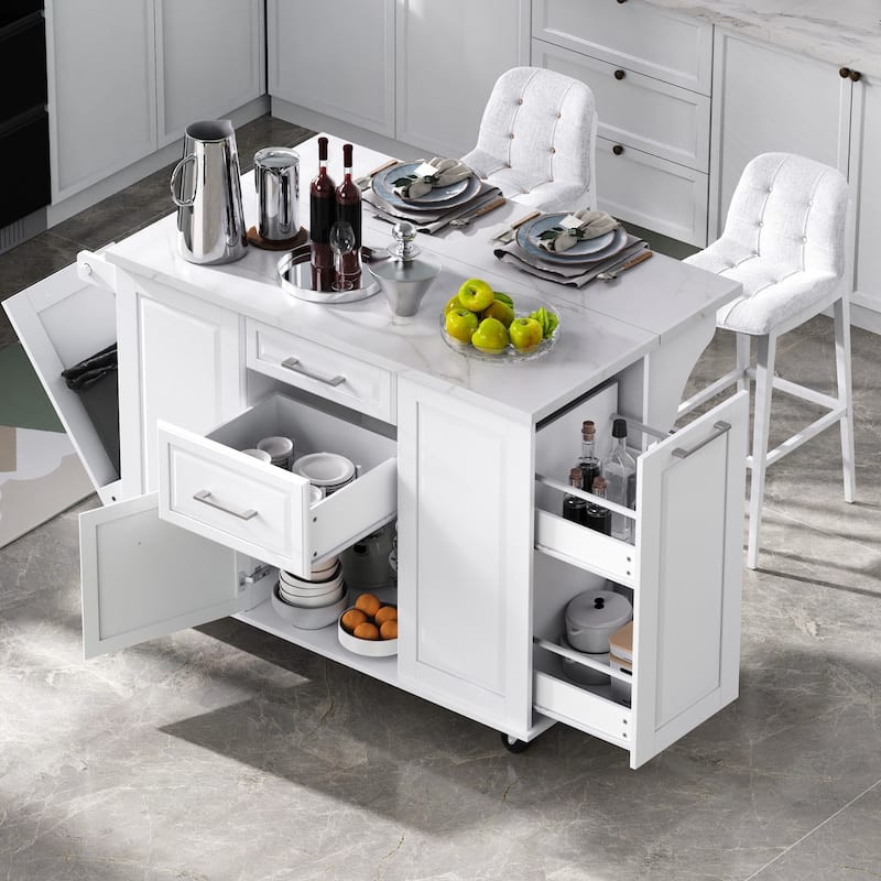 50.7" Rolling Kitchen Island - Drop Leaf, 2 Drawers, Tilt Trash Cabinet & Organizer on 5 Wheels - White