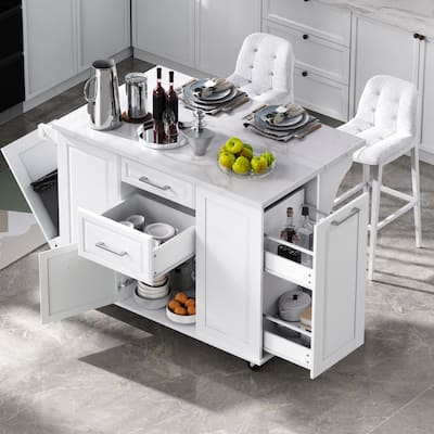 50.7" Rolling Kitchen Island - Drop Leaf, 2 Drawers, Tilt Trash Cabinet & Organizer on 5 Wheels