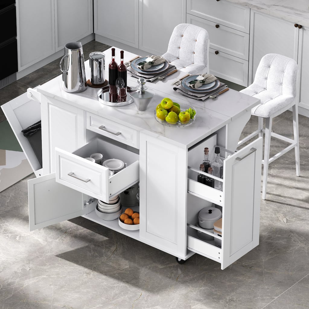 50.7" Rolling Kitchen Island - Drop Leaf, 2 Drawers, Tilt Trash Cabinet & Organizer on 5 Wheels
