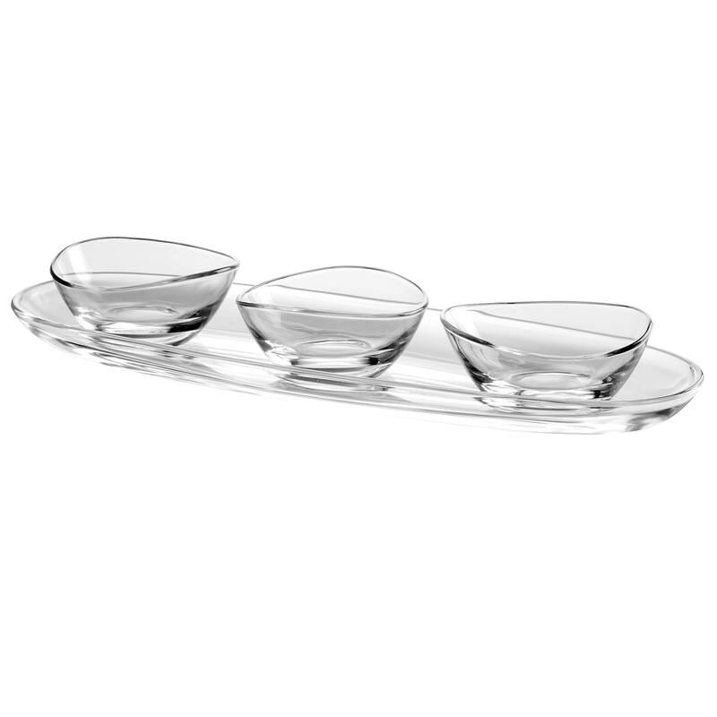 Glass Oval Serving Tray-Platter-16" Long-W 3 Small Bowls-3.9" Diameter - 16" Long