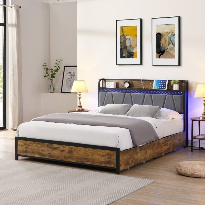Queen Size Bed Frame with Storage Headboard and 4 Drawer & LED Lights