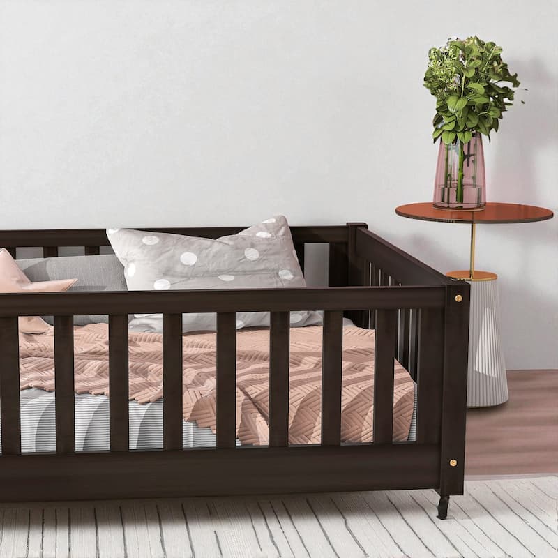 Twin Floor Bed with High Safety Fence, Rubber Wood Construction, Easy Assembly