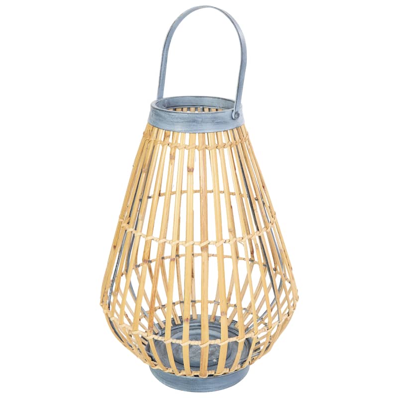 Bamboo Wood Handmade Open Framed Indoor Outdoor Candle Lantern with Blue Metal Accents and Handle - Brown - Roche River Decor