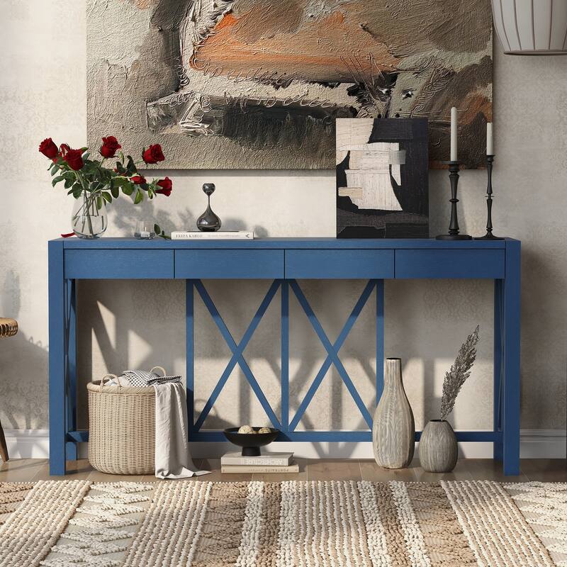 Anmytek Blue Acacia Wood Console Table with 4 Drawers X Base Design for Entryway and Kitchen Storage