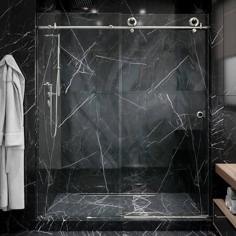 Seawin Hugo 56 - 60 x 78 inches Frameless Sliding Shower Door 3/8 in. (10 mm) Clear Tempered Glass with NanoShield Coating - Brushed Stainless.