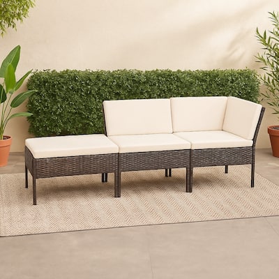Modular 3pc Outdoor Lounger Sofa, Brown Poly Rattan, Ivory Fabric