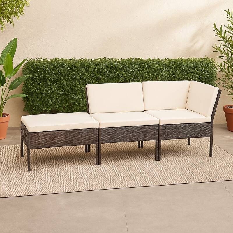 Modular 3pc Outdoor Lounger Sofa, Brown Poly Rattan, Ivory Fabric