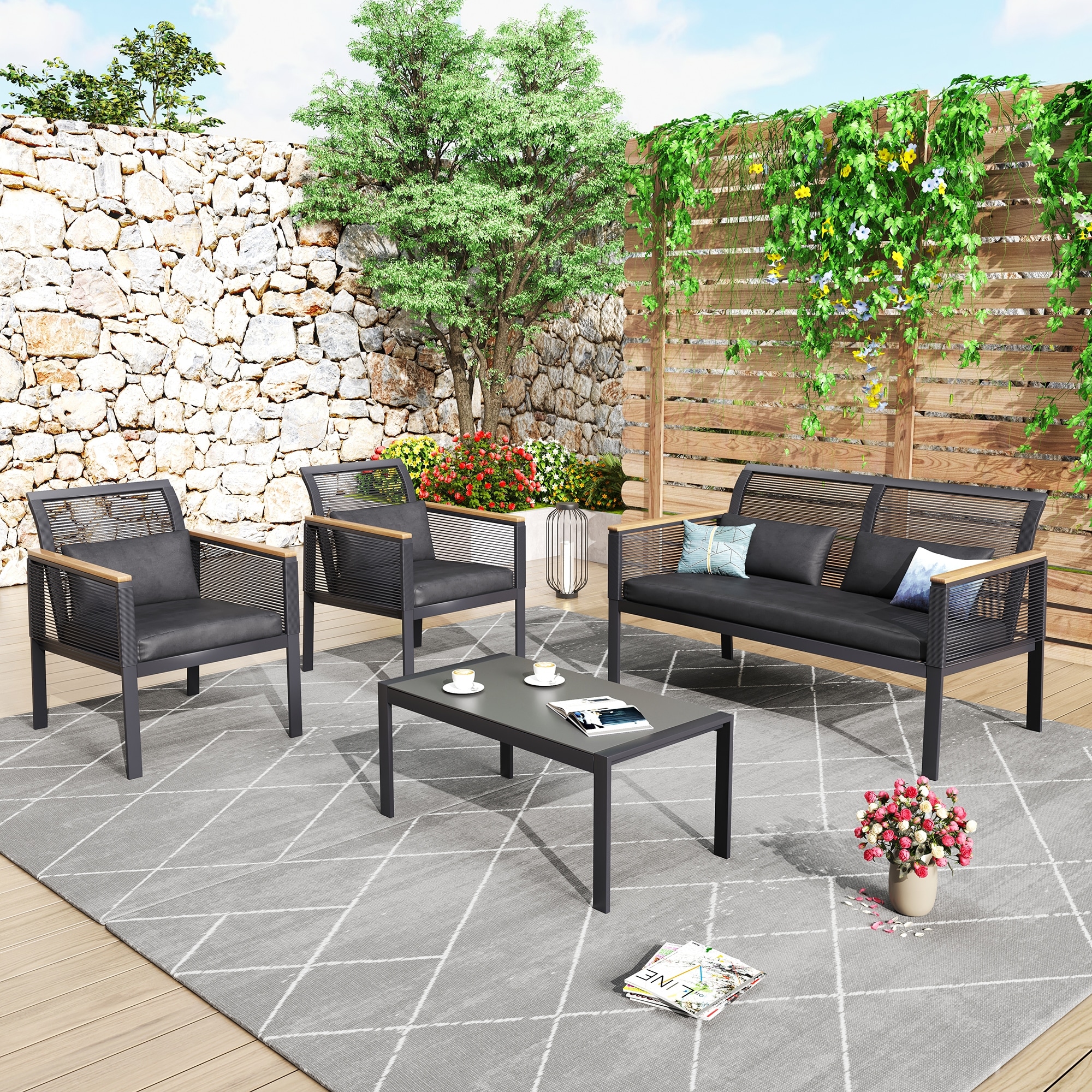 4 pc. Black Wicker Cord Patio Conversation Set