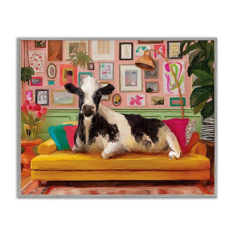 Stupell Cow in Whimsical Maximalist House Framed Giclee Art Design By Kamdon Kreations - 20 x 16 - Grey