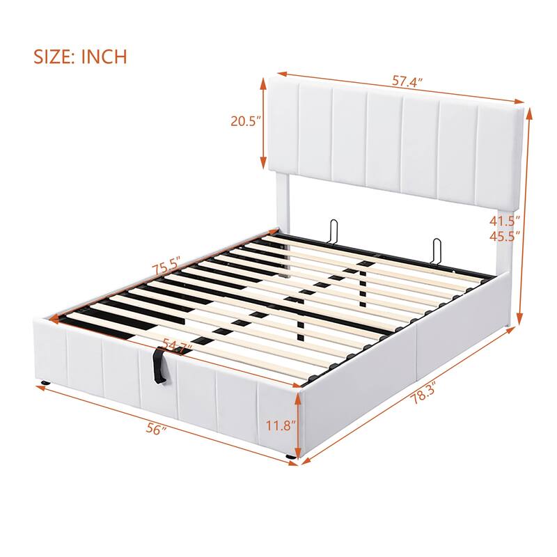 Queen Size Upholstered Platform Bed Frame with Hydraulic Lift Storage, Linen Fabric Headboard & Solid Wood Slat Support
