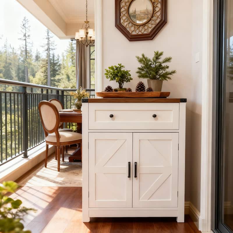 Farmhouse Barn-Door Storage Cabinet, Coffee Bar Buffet Sideboard with Drawer for Kitchen & Living Room