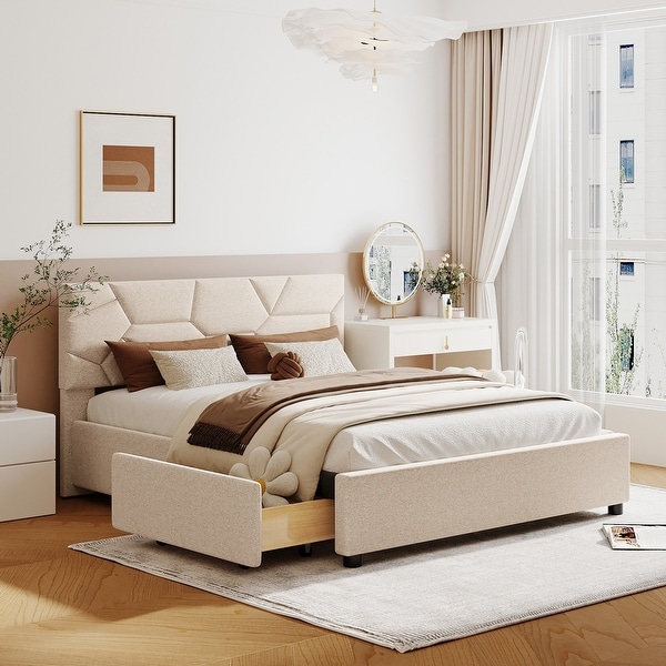Beige Linen Queen Size Upholstered Platform Bed with Brick Pattern