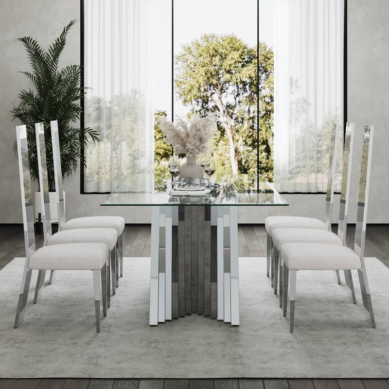 Luxury 78 inch Glass Dining Table with Mirrored Stainless Steel Base