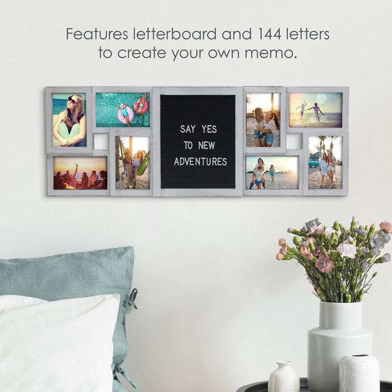 Melannco 8-Opening Distressed White Pin Board Collage Photo Frame, 31X11 Inch