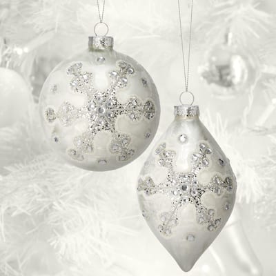 4" Glass Snowflake Ball Finial Ornament Set of 6