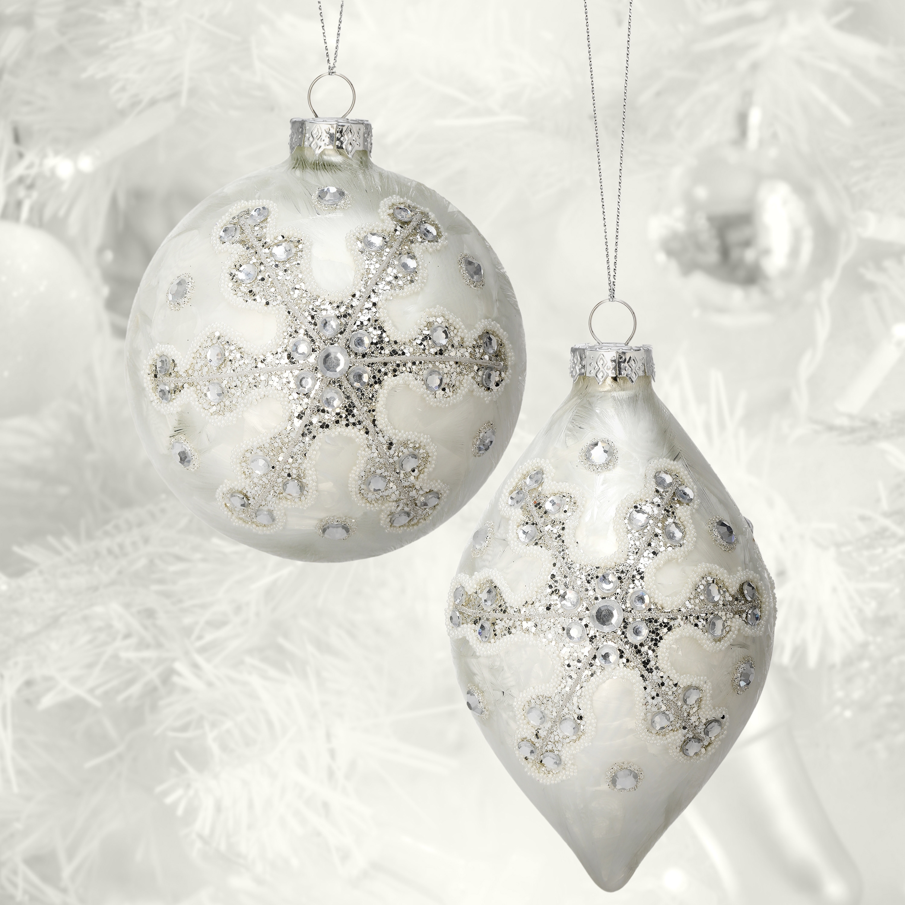 4" Glass Snowflake Ball Finial Ornament Set of 6