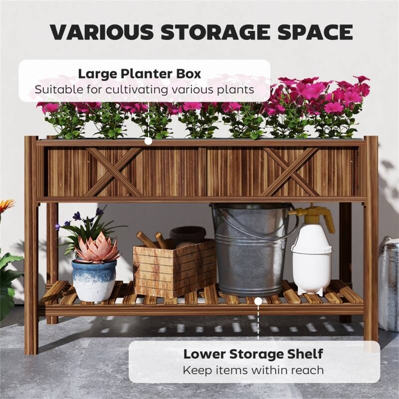 Wood 2-Tier Raised Planter with Shelf for Easy Gardening - 47.2" W x 21.7" D x 31.5" H