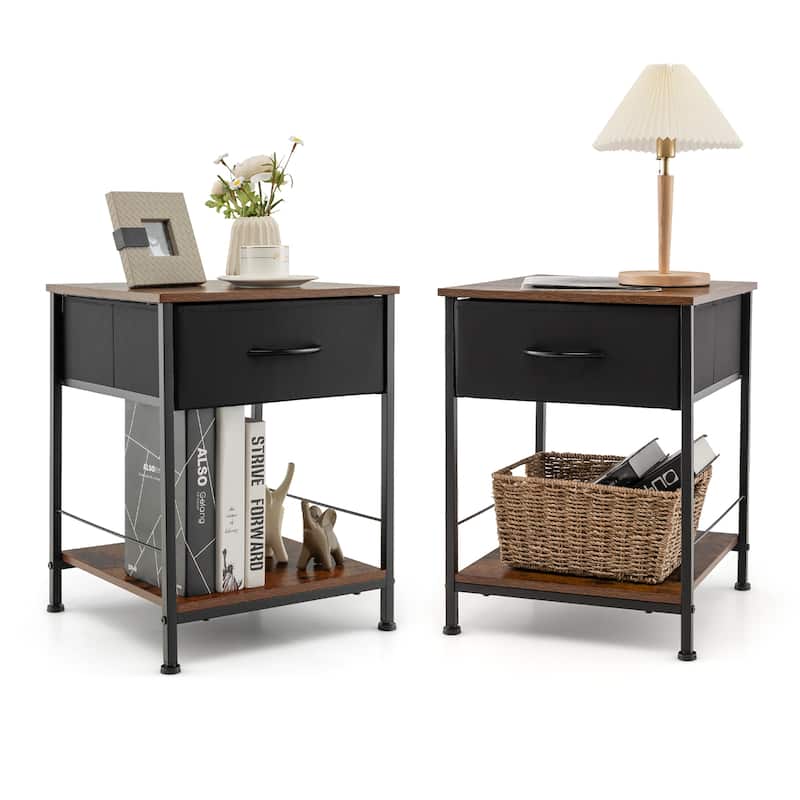 Costway 2 PCS 2-tier Nightstand Bedside End Sofa Table with Drawer - 16'' x 16'' x 21'' (L x W x H) - Industrial Brown - 16'' x 16'' x 21'' (L x W x H)