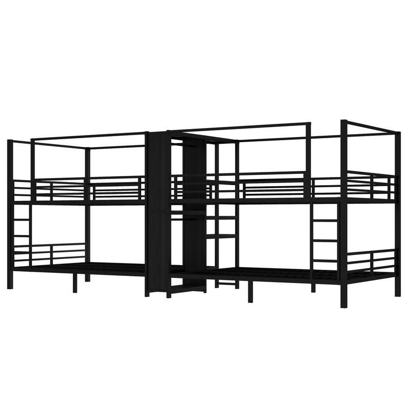Queen Size Quadruple Metal Bunk Bed with Storage Shelves Wardrobe Noise reduced Black