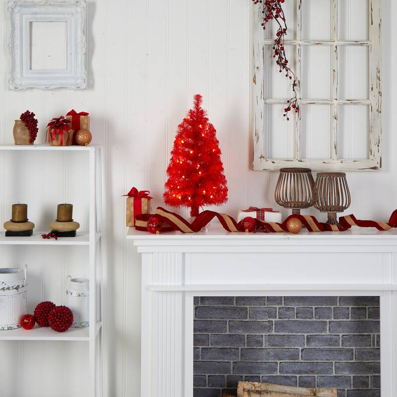 2ft. Red Artificial Christmas Tree with 35 LED Lights & 72 Branches - Festive Holiday X-Mas Accent