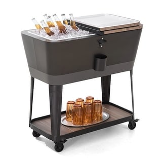 80-Quart Wood Grain Finish Metal Rolling Ice Chest Cooler Cart with ...