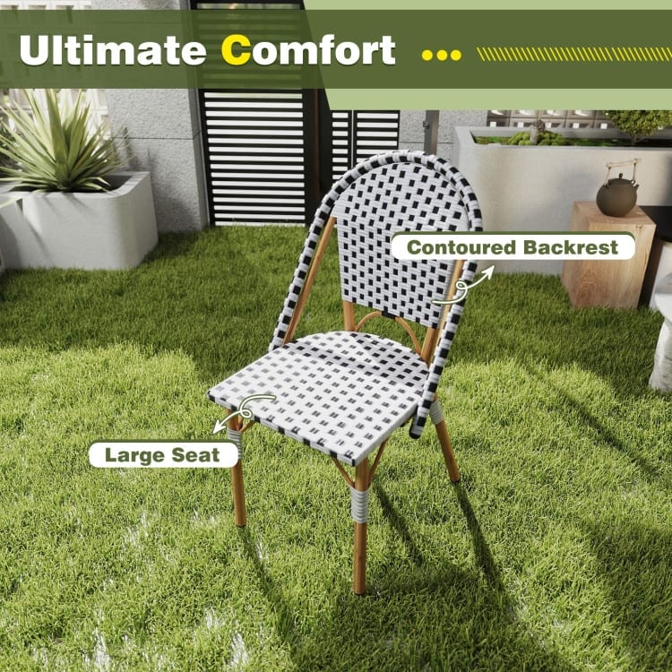 3 Piece Black-White PE Rattan Metal Patio Bistro Set with Ergonomic Chairs - Chair: 22” x 16” x 35”
