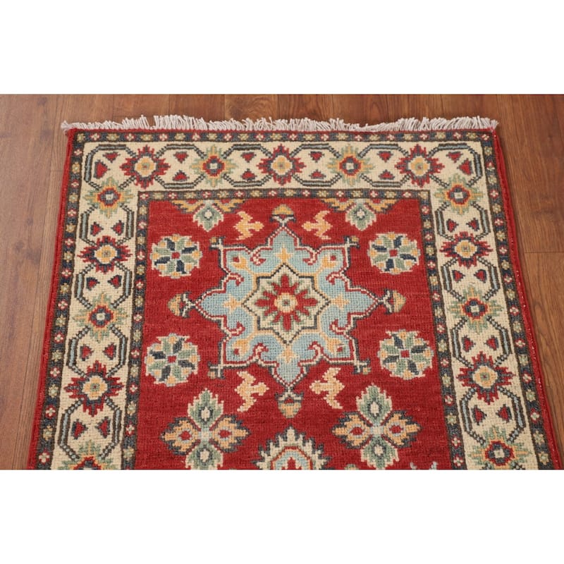 Geometric Red Kazak Runner Rug Hand-Knotted Wool Carpet - 2'1" x 6'0"
