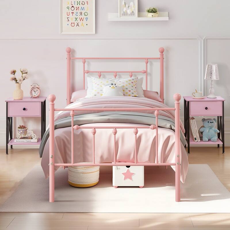 VECELO Metal Platform Bed Frame with Headboard and Footboard, Heavy Duty Slat Support/Underbed Storage Space, Victorian Style - Pink - Twin