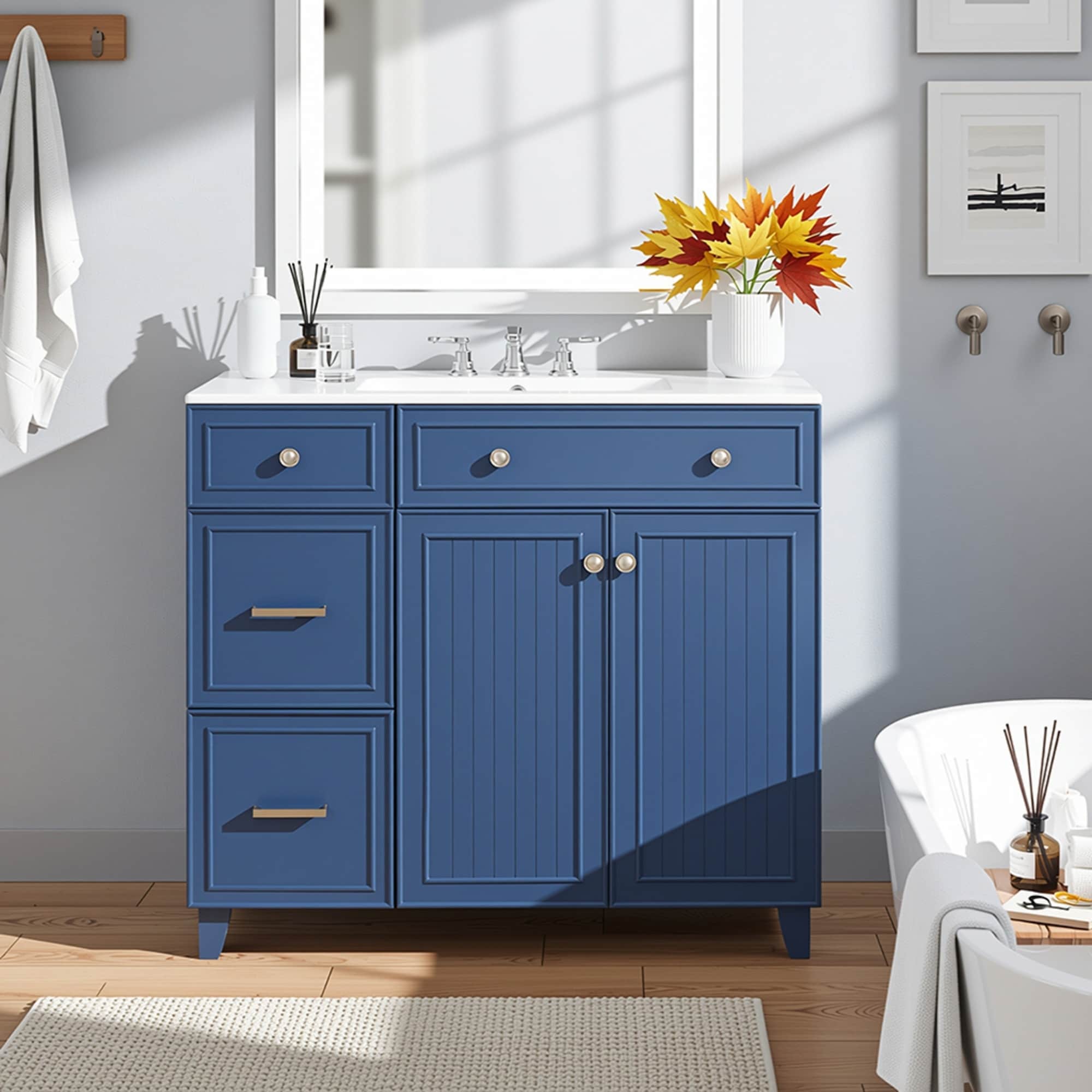 36 Inch Modern Bathroom Vanity with Ceramic Sink Solid Wood Frame Soft Close Storage Cabinet for Bathroom