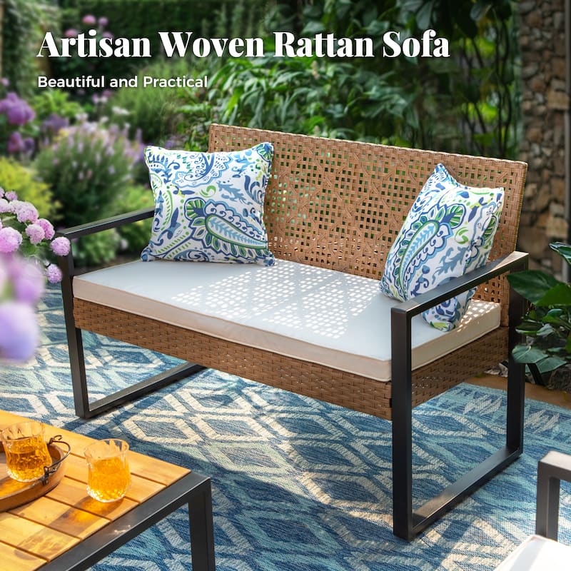 4-Piece Patio Furniture Wicker Outdoor Bistro Set, All-Weather Rattan Wood Conversation Set with Soft Cushions by Havenside Home
