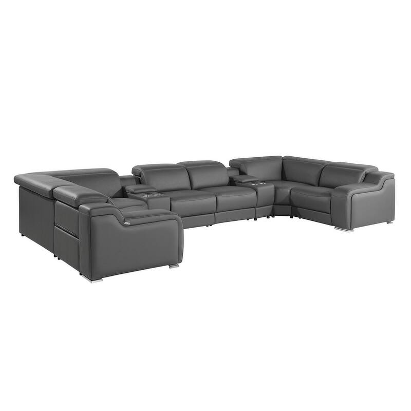 HomeRoots Dark Gray Italian Leather Power Reclining U Shaped Eight Piece Corner Sectional With Console