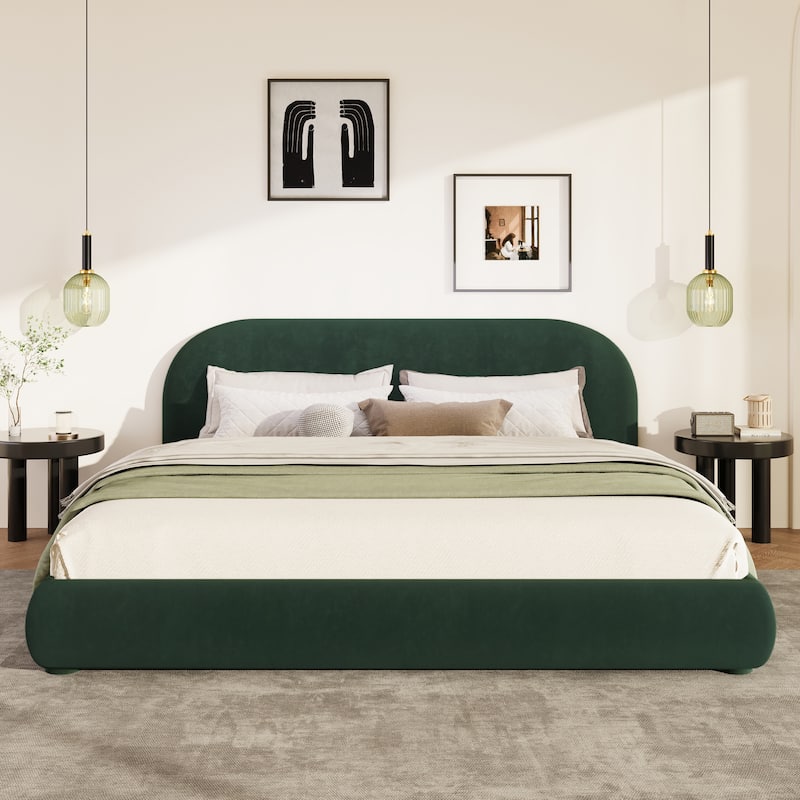Christopher Knight Home - Dreamy Simple Modern Cream Boucle Upholstered King Bed with Curved Headboard - Green_King - King