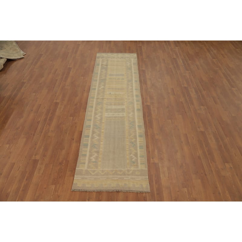 Hand Woven Oriental 100% Wool Carpet Southwestern Tribal Multi-Colored Kilim Runner Rug - 9' 7'' X 2' 7''
