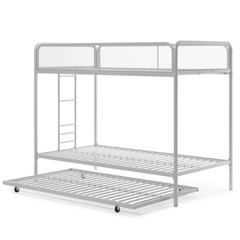 Triple Twin Metal Bunk Bed with Trundle, Space-Saving Design for Kids and Guests