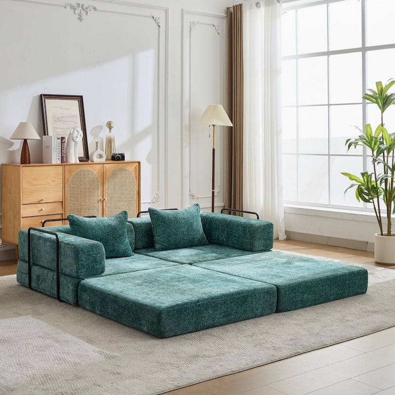 Convertible Floor Sofa Bed - Fixed Frame Chenille Loveseat, Modular Sectional, No Assembly Required