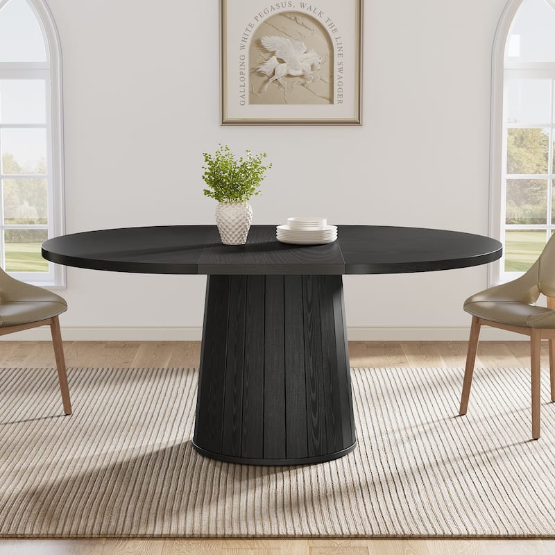 Brown Finish Manufactured Wood 6-Person Dining Table with Polygonal Cylinder Wooden Base - 55.11"L x 39.37"W x 29.92"H - Black