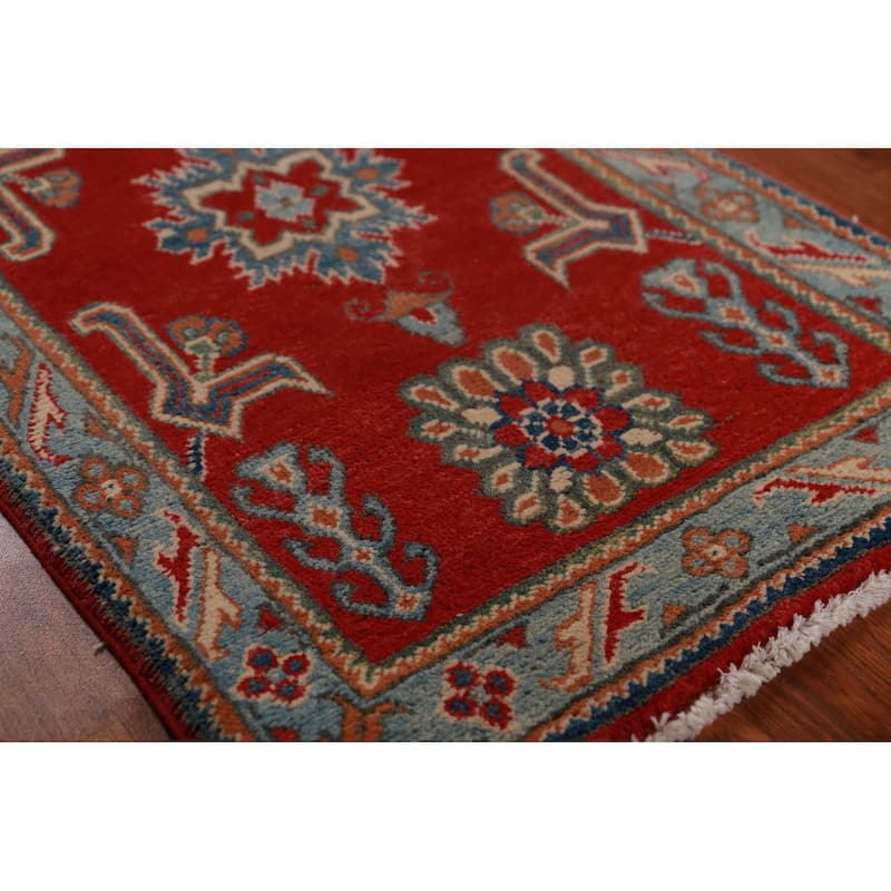 Red Geometric Kazak Rug Handmade Accent Wool Carpet - 2'0"x 3'0"