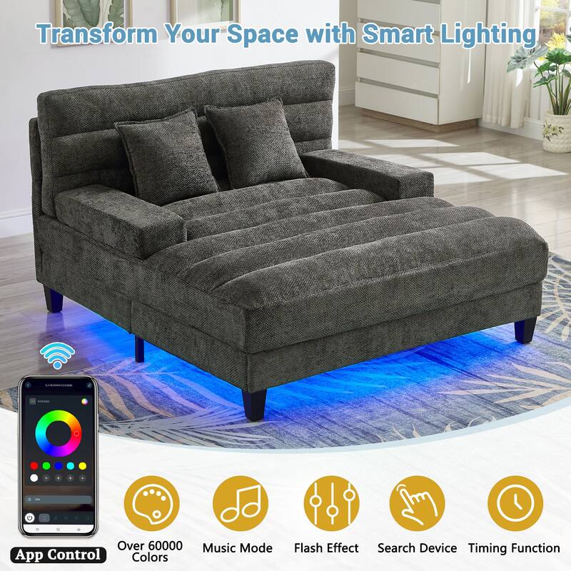 Modern Chaise Lounge Sofa 57.1" Sofa Bed Chenille Upholstered Lounge Sofa Chair with Adjustable Backrest and LED Light Strip
