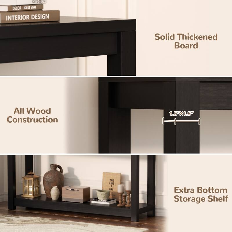 Farmhouse Black Thick Console Sofa Table, Wood Entryway Desk with Storage Shelf