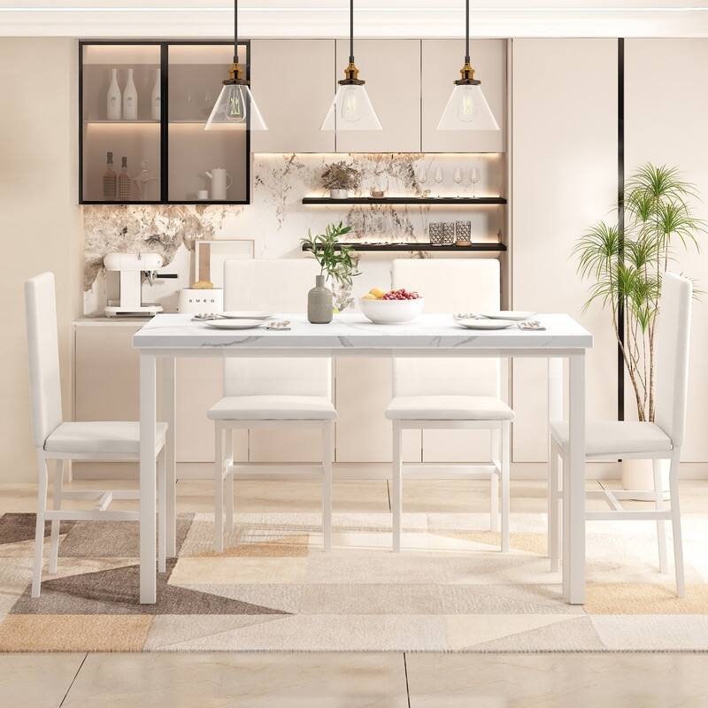 Grondin Modern Contemporary 5 Pieces Dining Table Set with Faux Marble Top and 4 PU Leather Upholstered Chairs