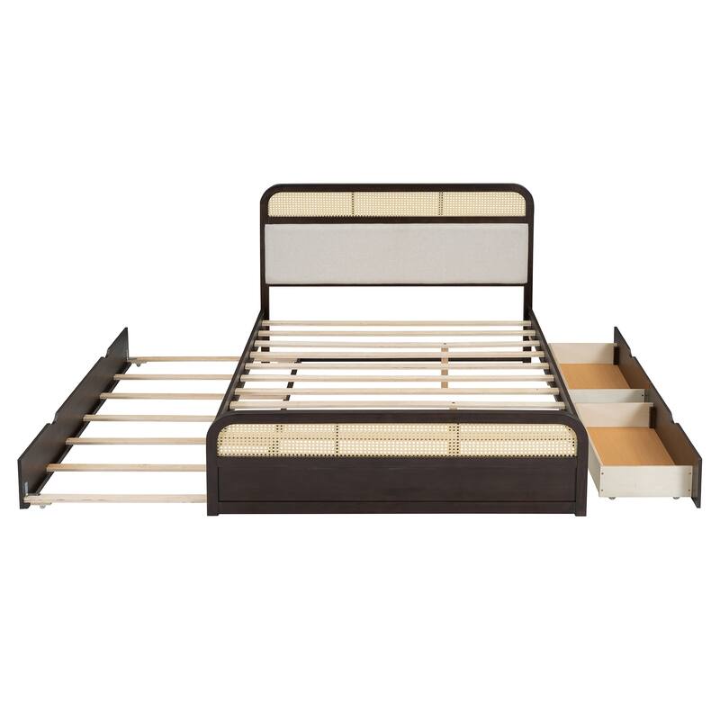 Rattan Platform Bed Queen Wooden Bed Frame with Twin Trundle and 2 Drawers, Headboard with Padded Cushion Mattress Not Included