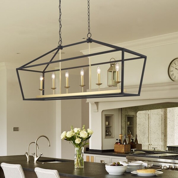 Finnick Mid Century Modern 6 Light Rectangle Kitchen Island Lights Lantern Candle Chandelier 49 Inches Aged Zinc Satin Brass