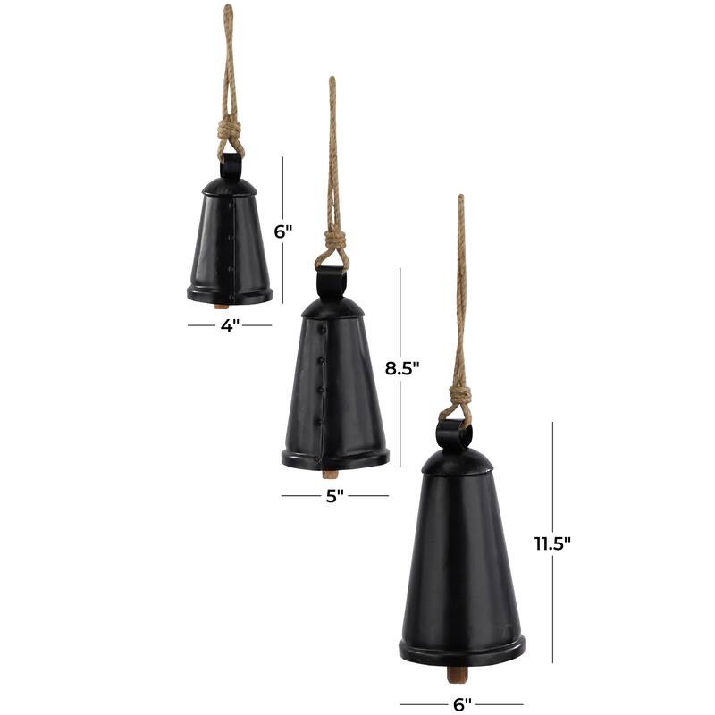 Gray, Red, Black or Bronze Metal Tibetan Inspired Decorative Cow Bell with Jute Hanging Rope (Set of 3)