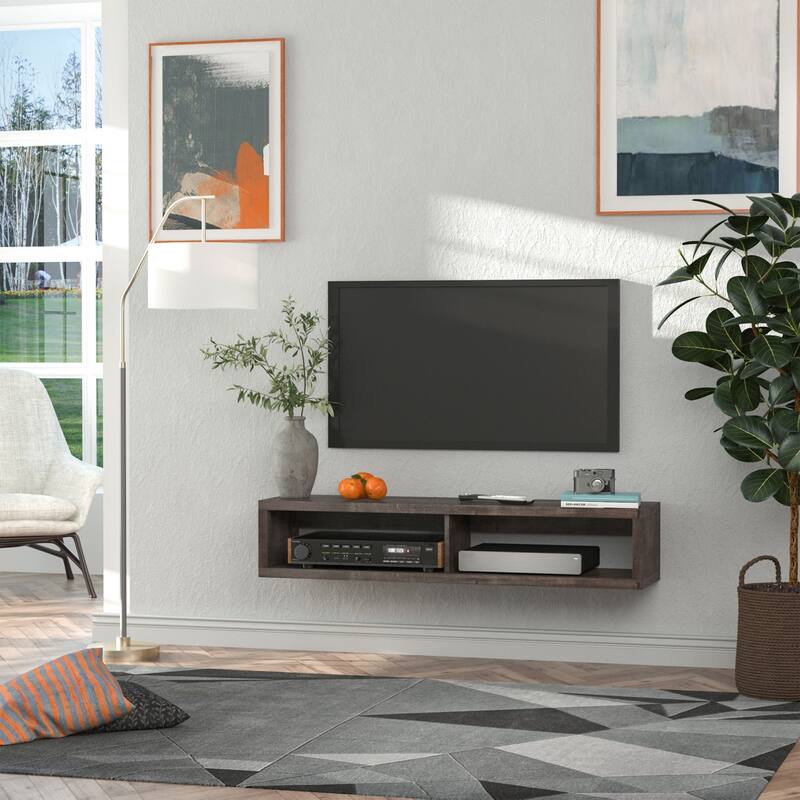 Wall Mounted Floating TV Console Dark Grey Wood Grain with Dual Open Shelves and Cable Management Modern Space Saving Design