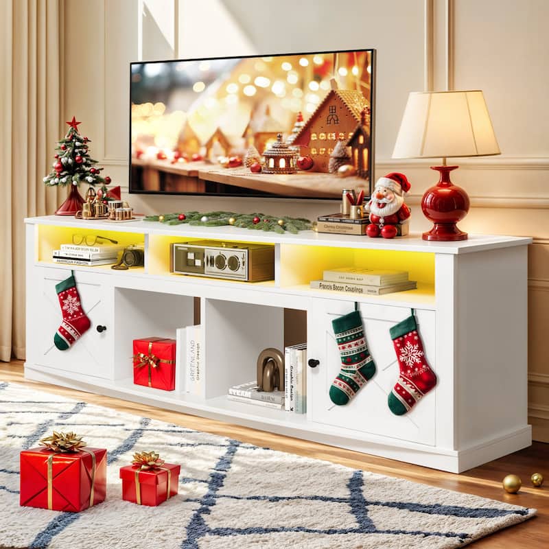 Moasis 70" Farmhouse TV Stand with Lights - 70"L x 13.3"W x 26.7"H - White