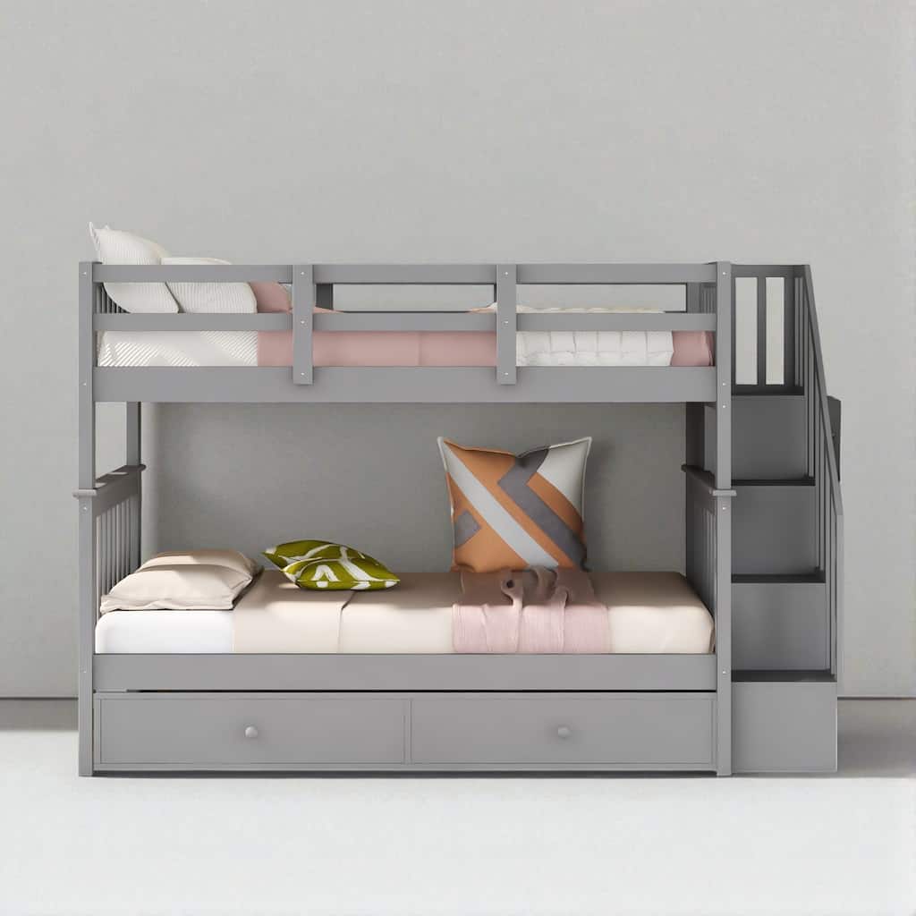 Stairway Twin Over Twin Bunk Bed with Trundle and Storage Drawers, Convertible Design, Solid Wood Frame