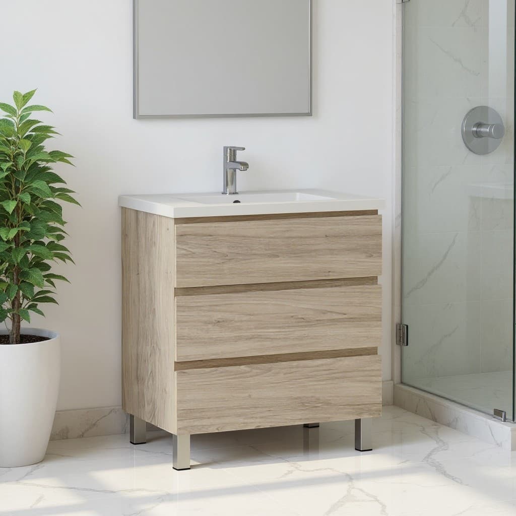 HomeRoots 24" Natural Wood Freestanding Bathroom Vanity With White Sink And Three Drawers - 24.00 in. x 39.06 in. x 18.10 in.