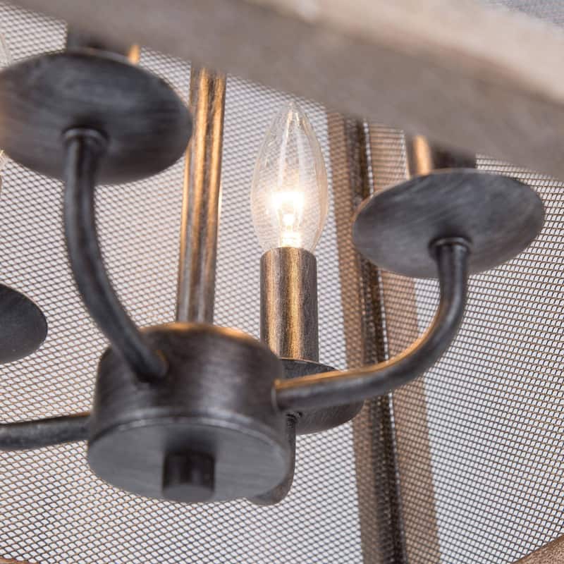 Farmhouse Handcrafted Wood Kitchen Pendant Light with Metal Mesh for Foyer - W15.5" x H16"