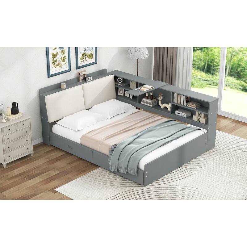 Full Size Wood Platform Bed with Storage Headboard, Shelves, and 2 Drawers in Gray - No Box Spring Required