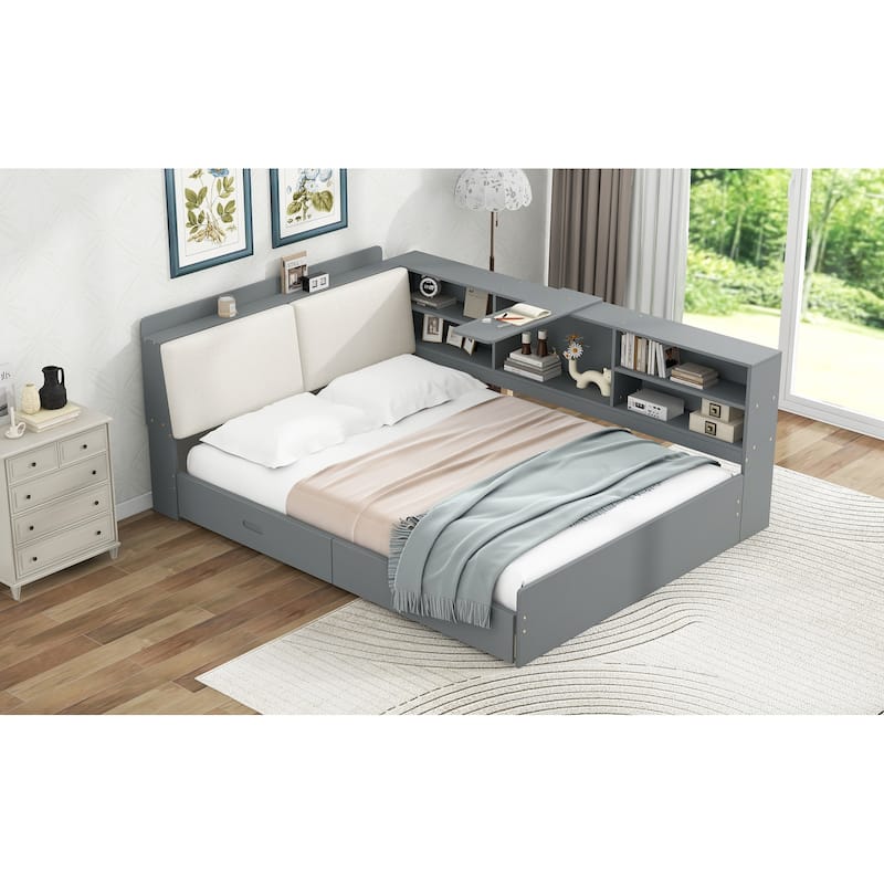 Wood Full Size Modern Platform Bed w/Flip Storage Upholstered Headboard, Shelves & 2 Drawers, Low-Profile Daybed Bed for Bedroom